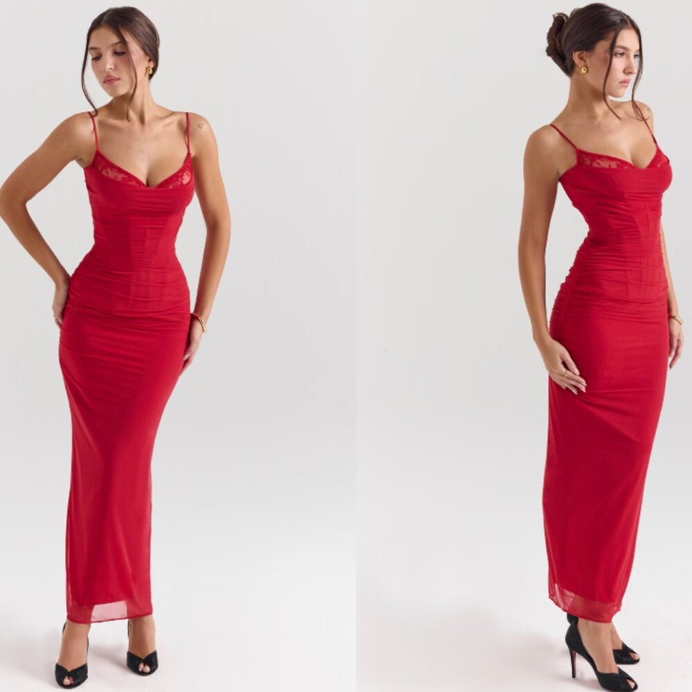 HOUSE OF CB 'Nalini' Holly Red Mesh Corset Maxi Dress NWOT - Picture 4 of 10